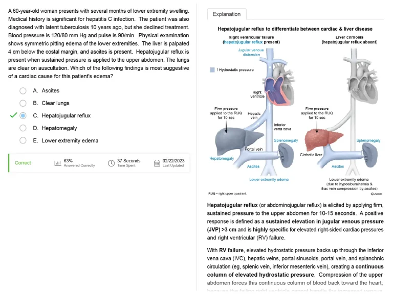 UWorld practice question & explanation example for Hepatojugular reflux